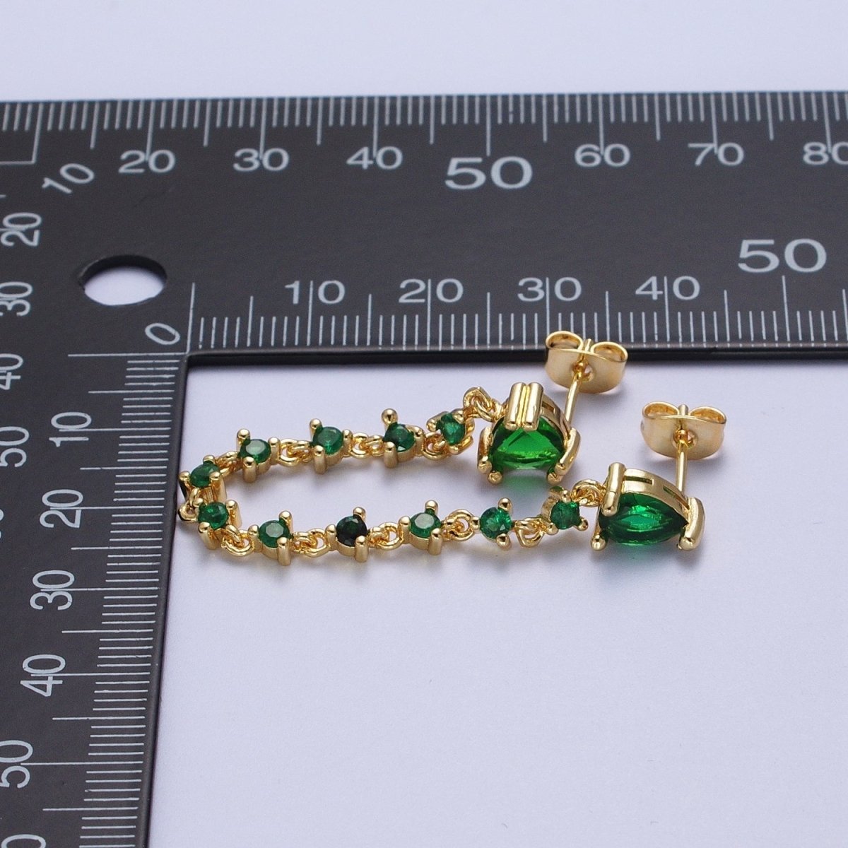 24K Gold Filled Emerald Green Double Cubic Zirconia Teardrop Round Stud Chain Earring | AE-1055