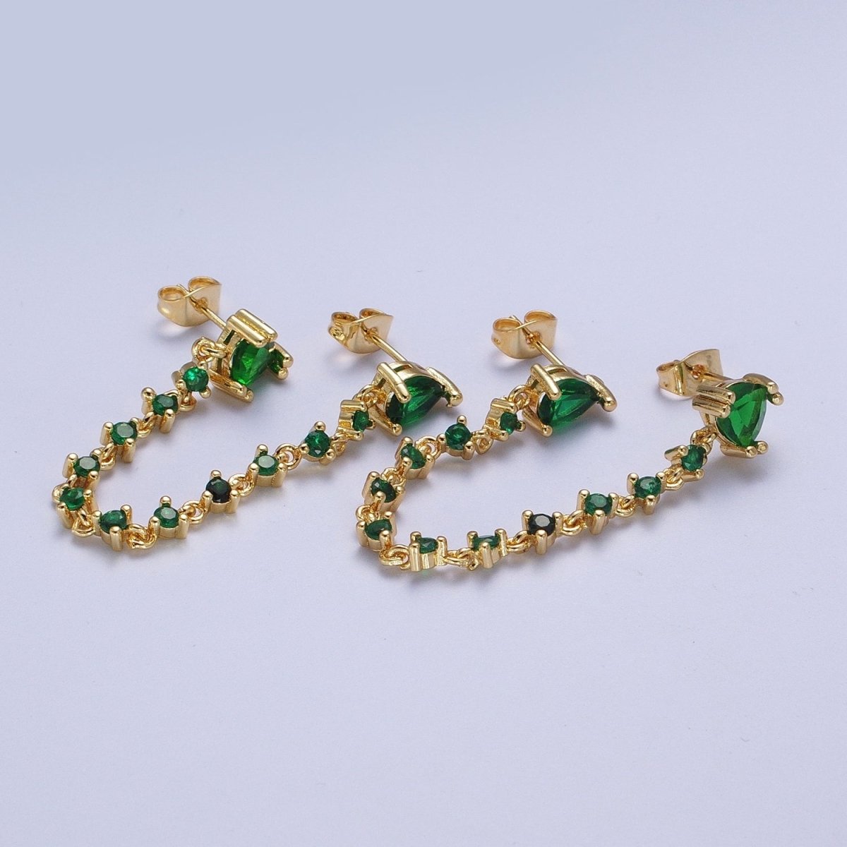 24K Gold Filled Emerald Green Double Cubic Zirconia Teardrop Round Stud Chain Earring | AE-1055