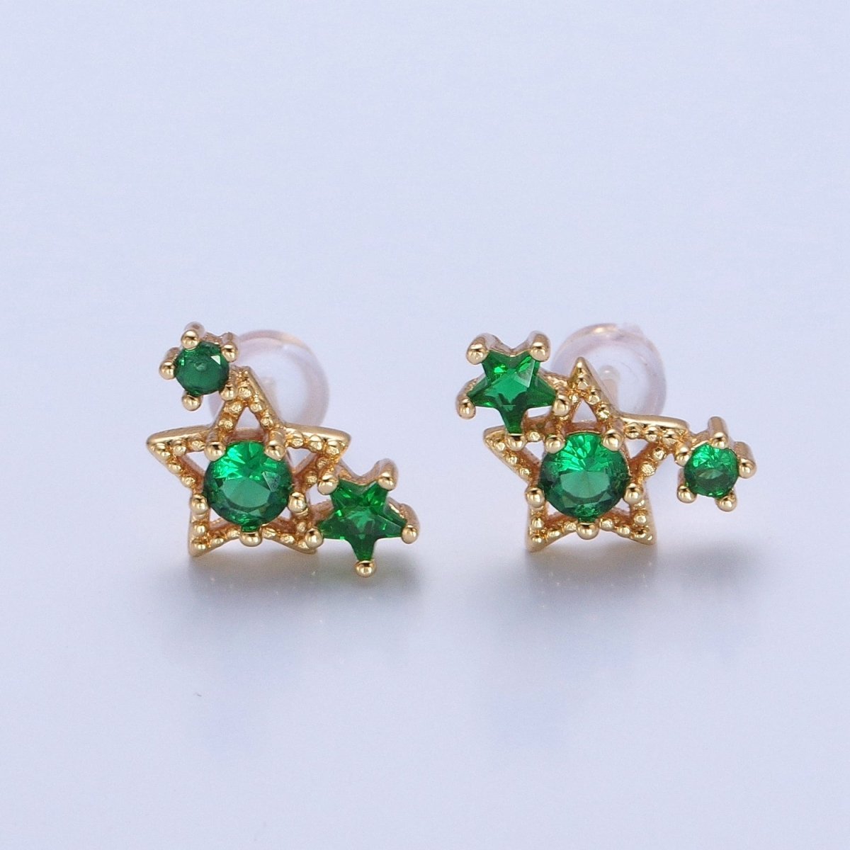 24K Gold Filled Emerald Green Star Studs, Celestial Night Cubic Zirconia CZ Earrings V-432