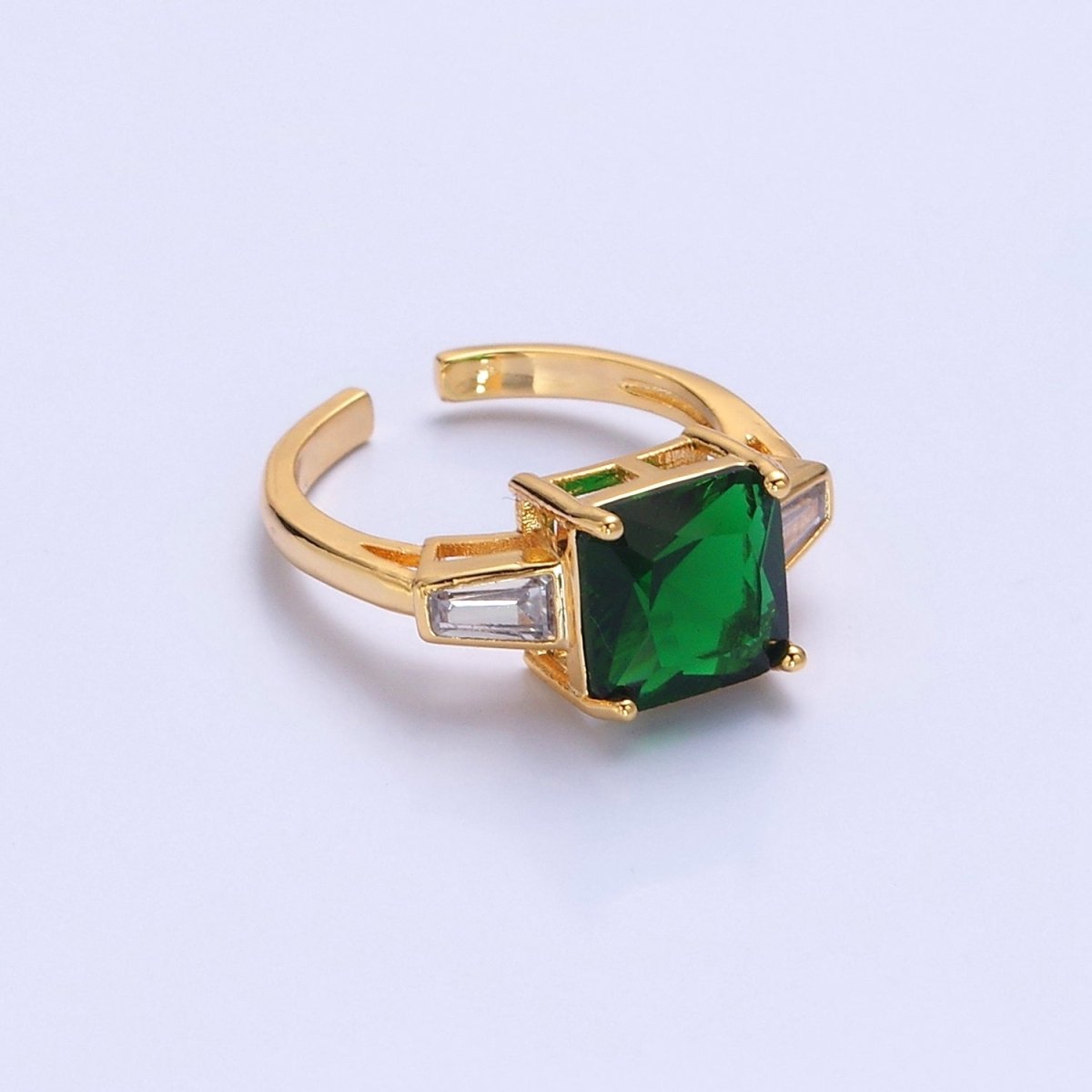 24K Gold Filled Emerald Promise Ring, Green & Clear Baguette Cubic Zirconia CZ Ring O-2294