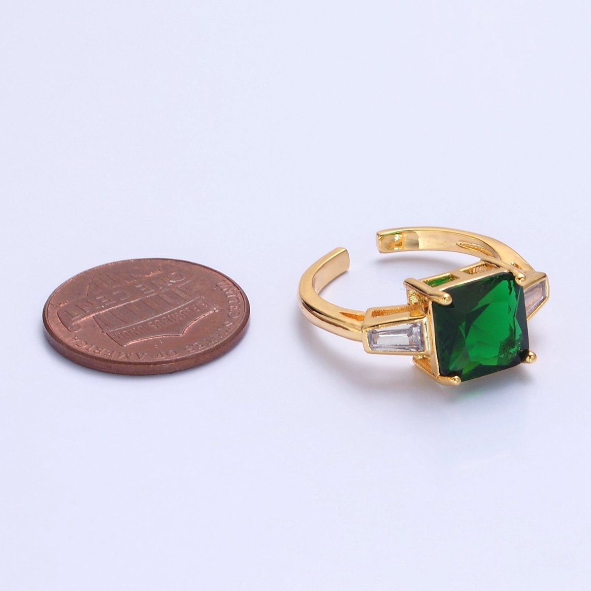 24K Gold Filled Emerald Promise Ring, Green & Clear Baguette Cubic Zirconia CZ Ring O-2294