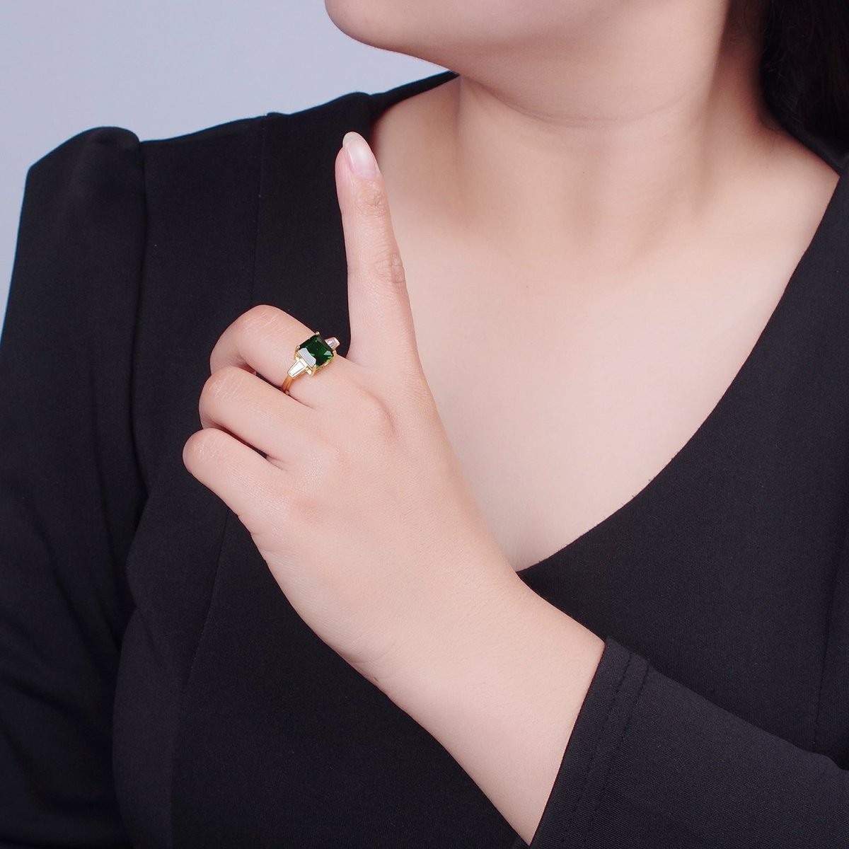 24K Gold Filled Emerald Promise Ring, Green & Clear Baguette Cubic Zirconia CZ Ring O-2294