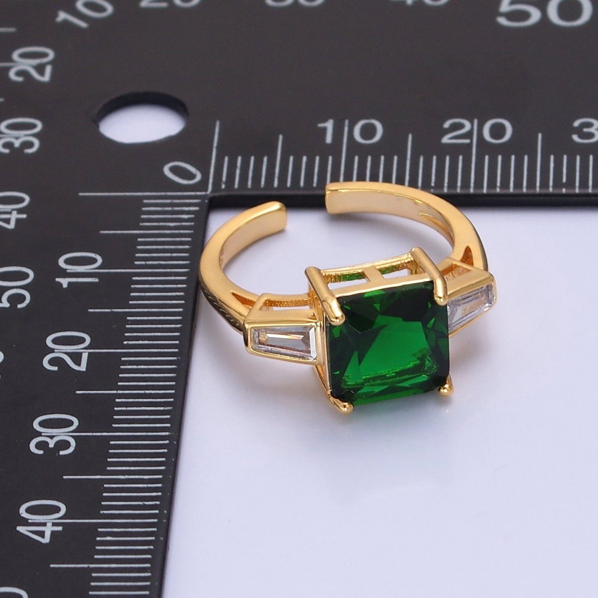 24K Gold Filled Emerald Promise Ring, Green & Clear Baguette Cubic Zirconia CZ Ring O-2294