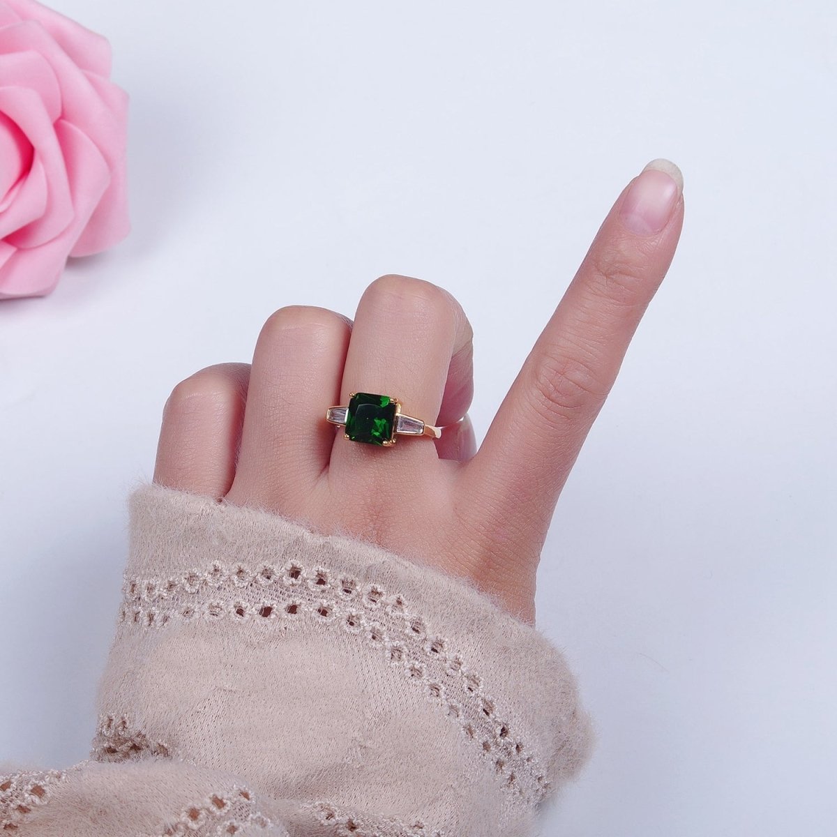 24K Gold Filled Emerald Promise Ring, Green & Clear Baguette Cubic Zirconia CZ Ring O-2294