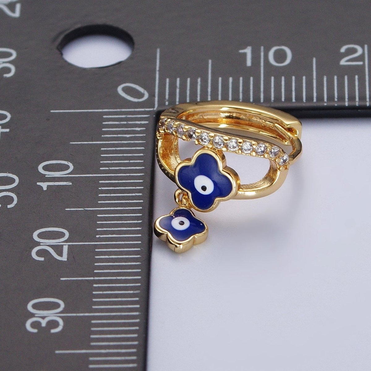 24K Gold Filled Enamel Evil Eye Quatrefoil Clover-Shaped Dangle Micro Paved CZ Huggie Hoop Earrings | AD-489~AD-491