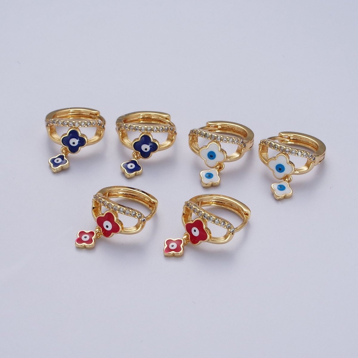 24K Gold Filled Enamel Evil Eye Quatrefoil Clover-Shaped Dangle Micro Paved CZ Huggie Hoop Earrings | AD-489~AD-491