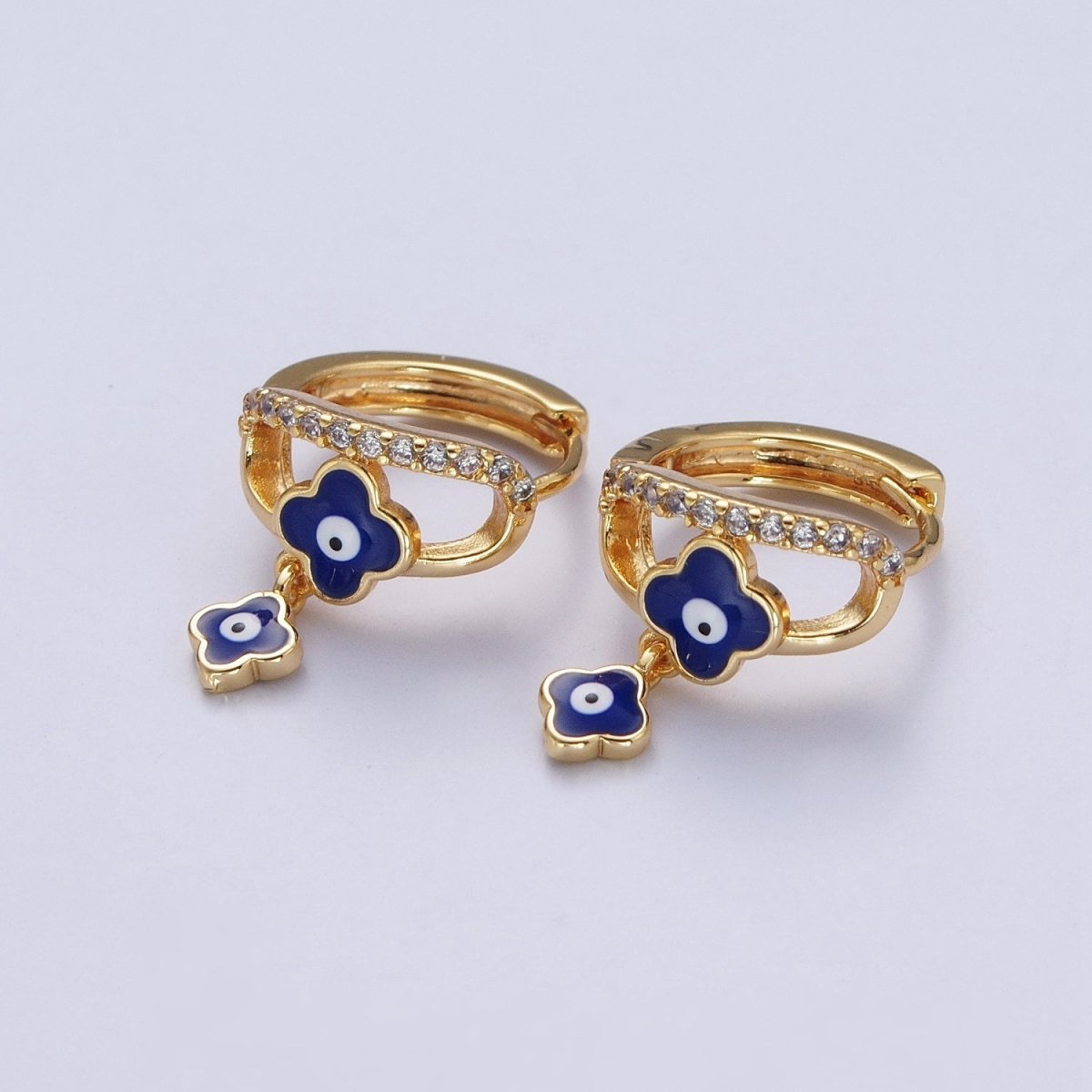24K Gold Filled Enamel Evil Eye Quatrefoil Clover-Shaped Dangle Micro Paved CZ Huggie Hoop Earrings | AD-489~AD-491