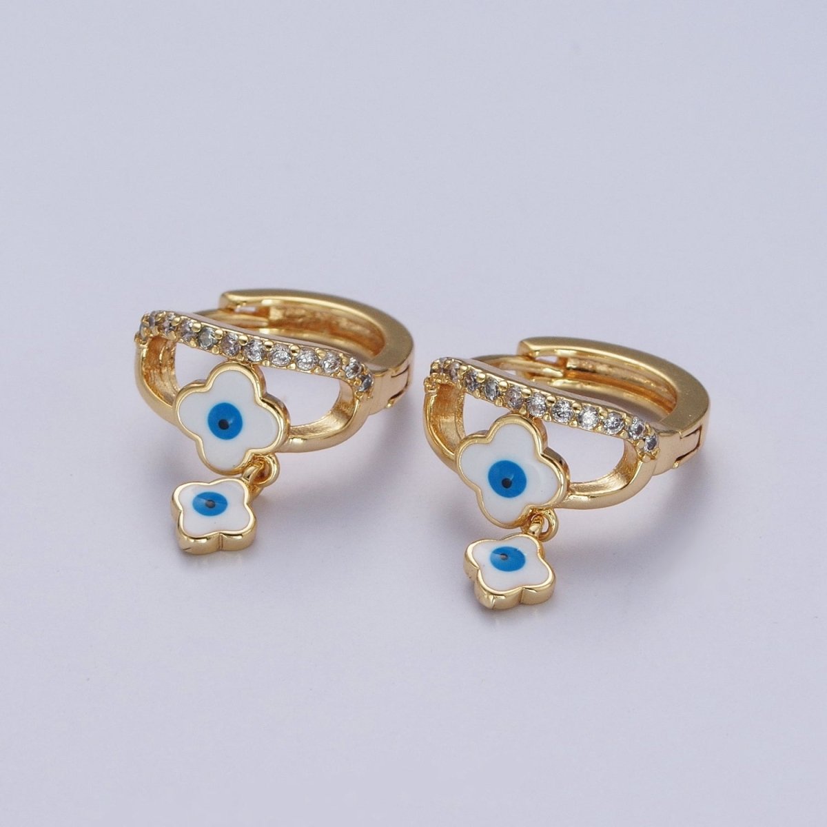 24K Gold Filled Enamel Evil Eye Quatrefoil Clover-Shaped Dangle Micro Paved CZ Huggie Hoop Earrings | AD-489~AD-491