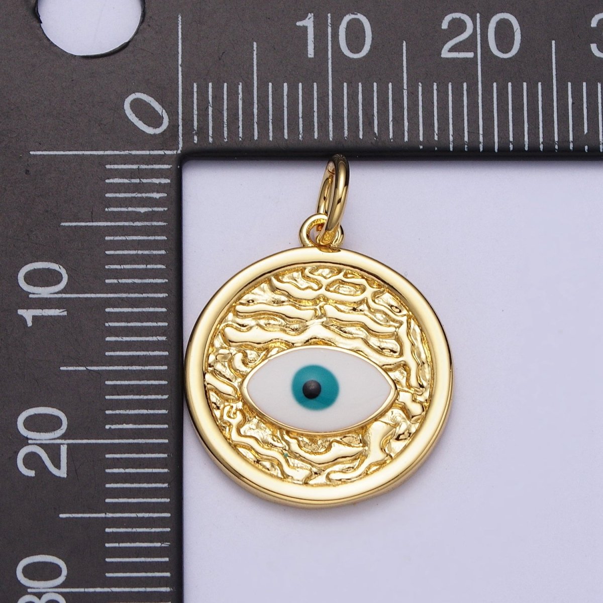 24K Gold Filled Evil Eye Enamel Textured Round Charm E-457