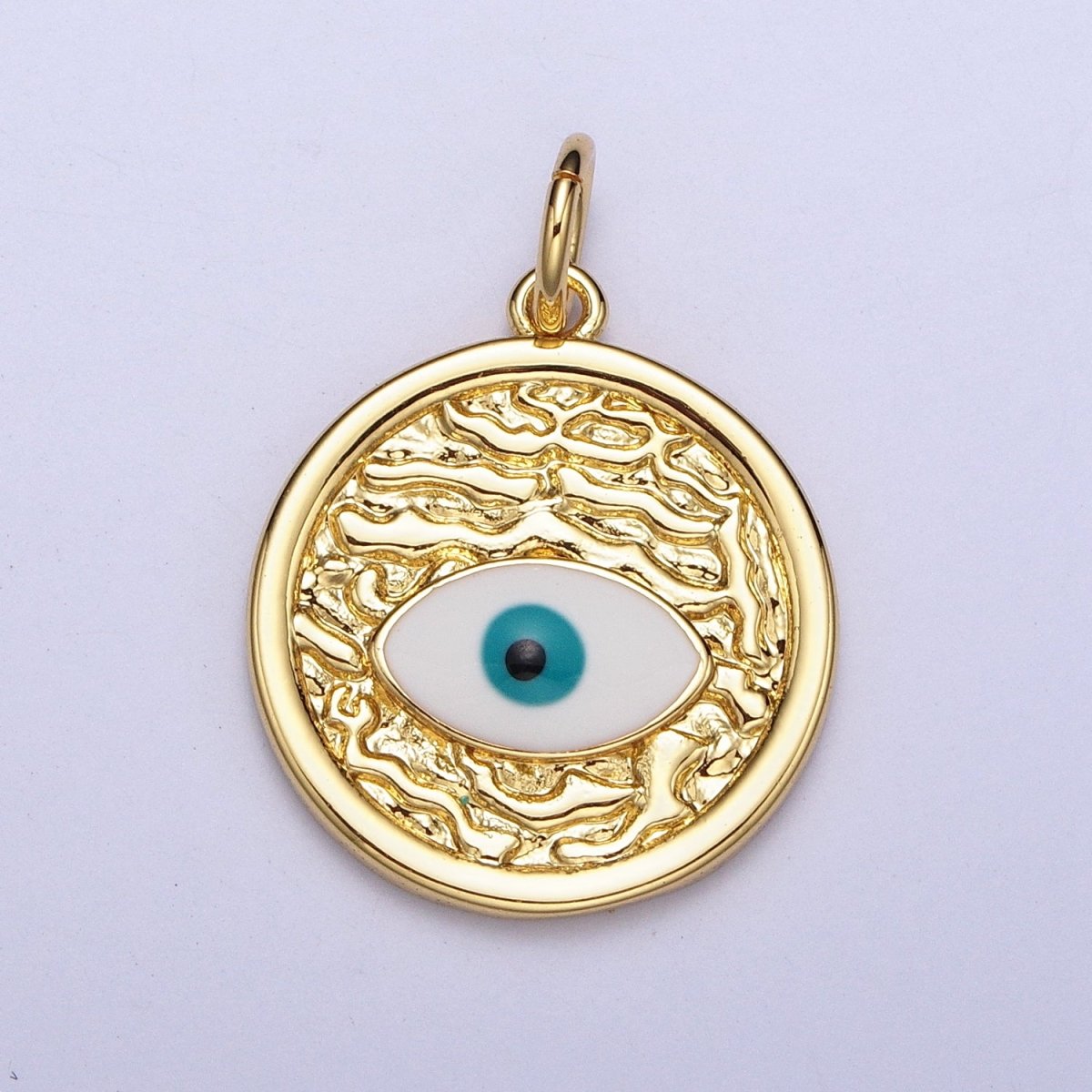 24K Gold Filled Evil Eye Enamel Textured Round Charm E-457