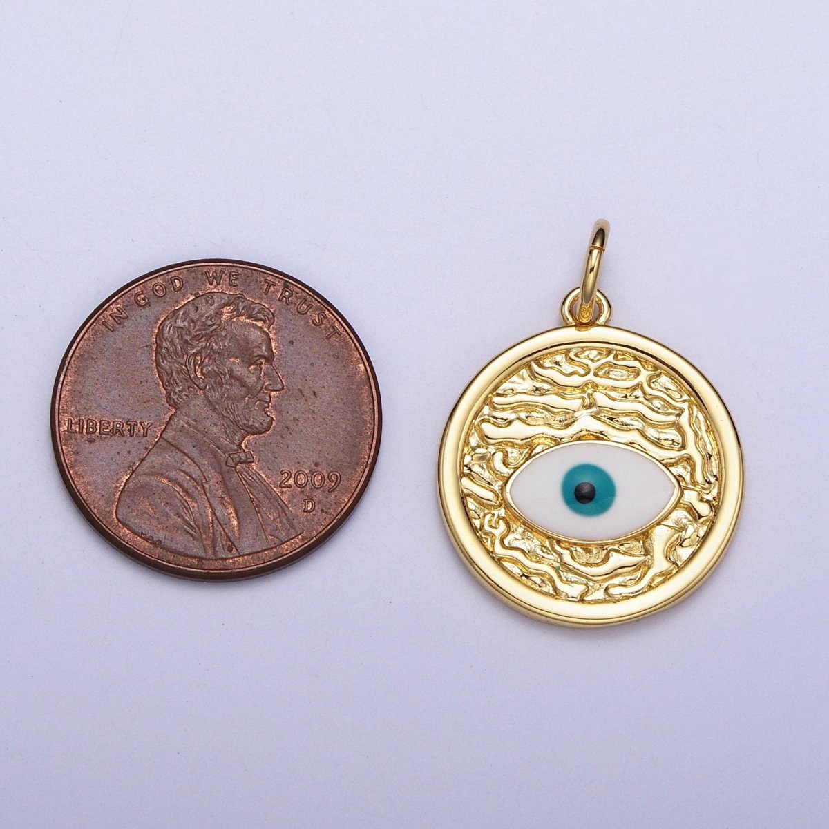 24K Gold Filled Evil Eye Enamel Textured Round Charm E-457