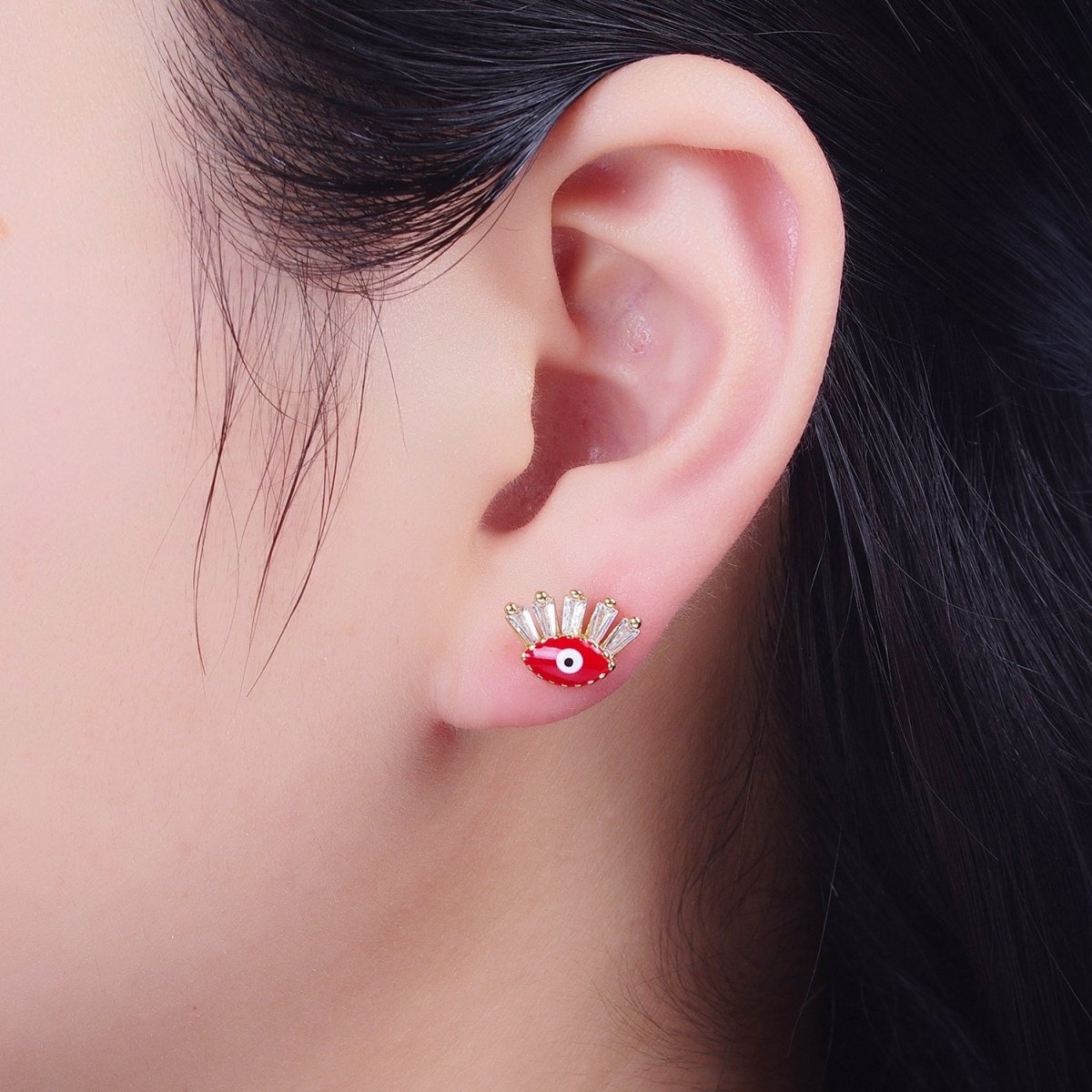 24K Gold Filled Evil Eye Stud Earrings, Blue Red Black Enamel Protection Eye of Ra Jewelry P-388 P-389 P-390