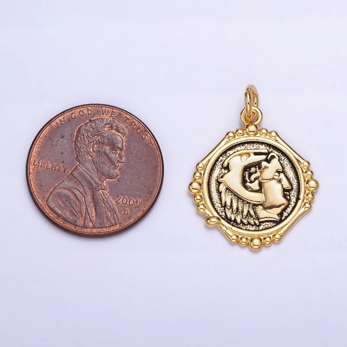 24K Gold Filled Face Portrait Textured Stamped Round Bubble Charm | AC1440