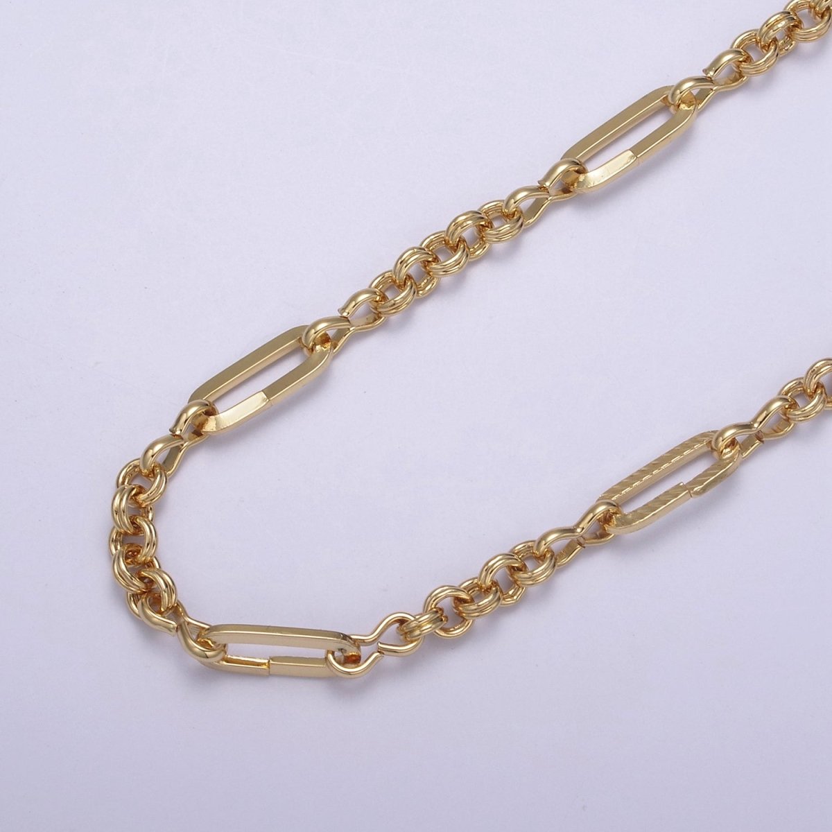 24K Gold Filled Figaro Long and Short Fancy Chain For Jewelry Making, 14X5.5mm Textured Paper Clip Chain with Figure Eight 8 & Double Rolo Link, Unfinished Chain For Jewelry Making | ROLL-653 Clearance Pricing