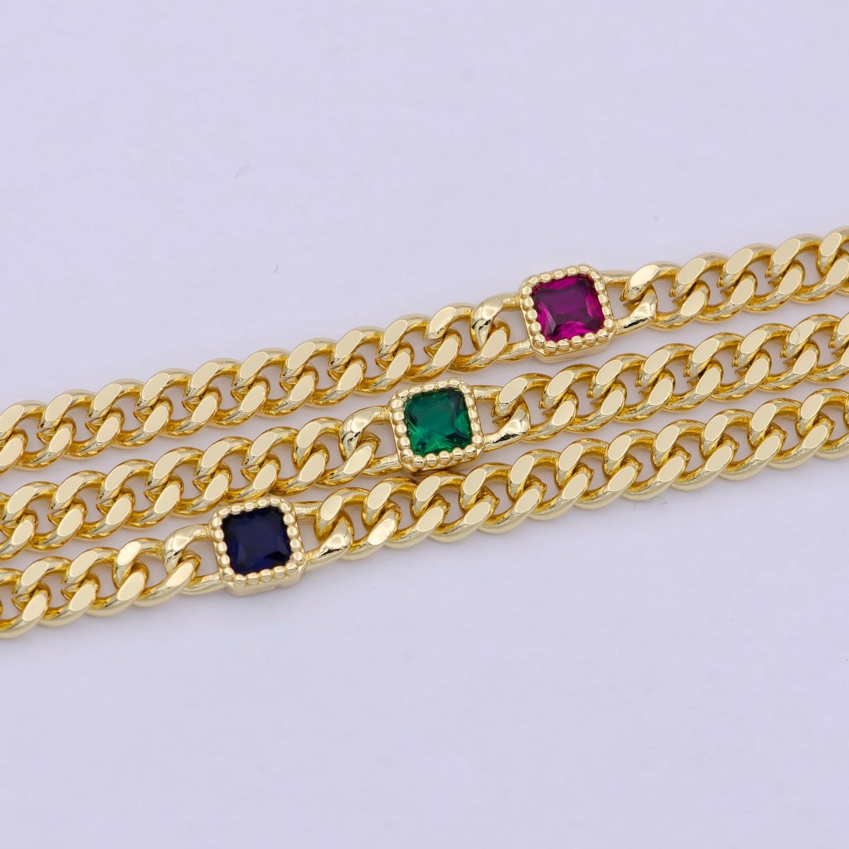 OS 24K Gold Filled Flat Curb Chain with Rectangle CZ Cubic Zirconia Connector, Unfinished Chain by Meter For Jewelry Making |  WA-1492 WA-1493 WA-1494 Clearance Pricing