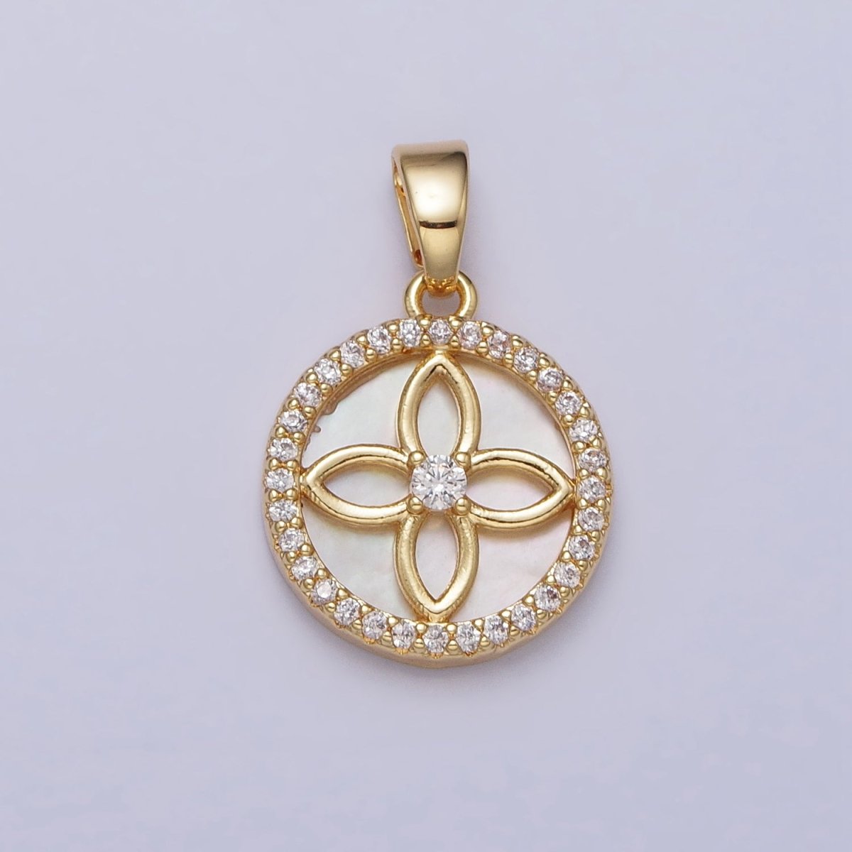 24K Gold Filled Flower Shell Pearl Clear Micro Paved CZ Round Pendant | AA115