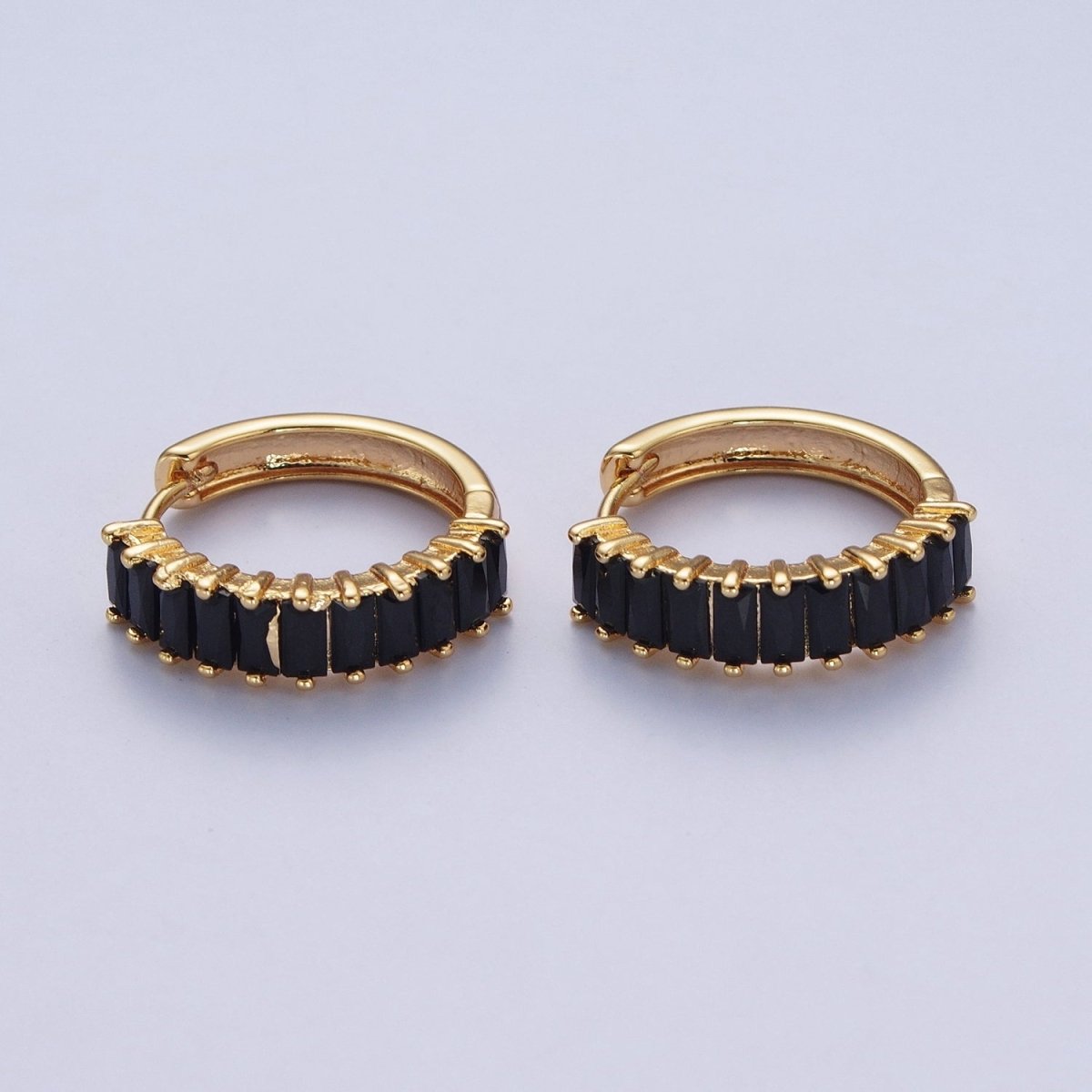 24K Gold Filled Fuchsia, Black. Blue Baguette Cubic Zirconia 18mm Huggie Hoop Earrings | AD-476~AD-478