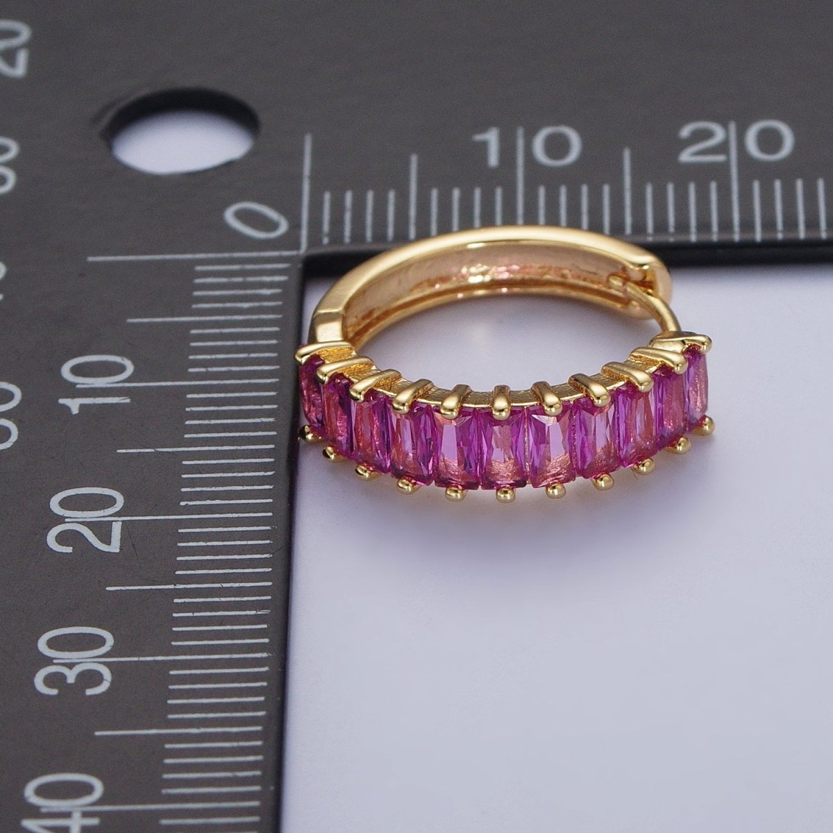 24K Gold Filled Fuchsia, Black. Blue Baguette Cubic Zirconia 18mm Huggie Hoop Earrings | AD-476~AD-478