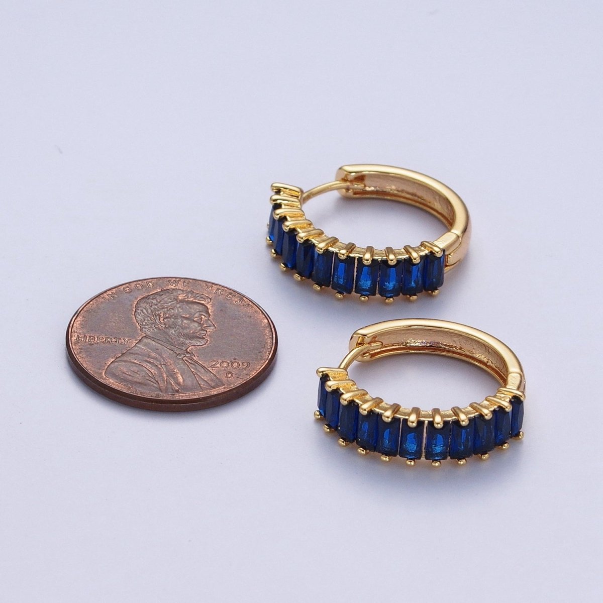 24K Gold Filled Fuchsia, Black. Blue Baguette Cubic Zirconia 18mm Huggie Hoop Earrings | AD-476~AD-478