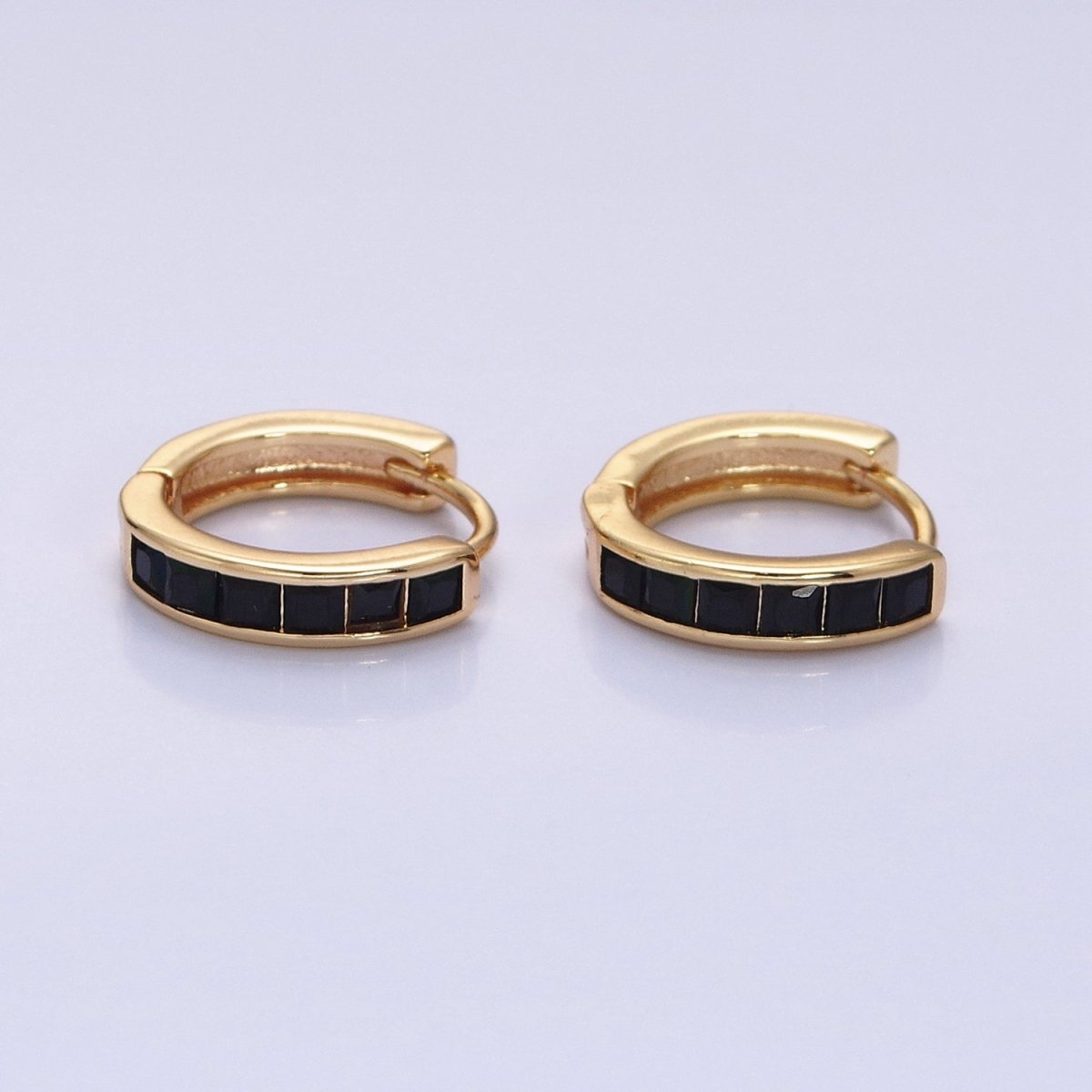 24K Gold Filled Fuchsia, Black Square CZ Lined Huggie Earrings in Gold & Silver | AB1407 - AB1410