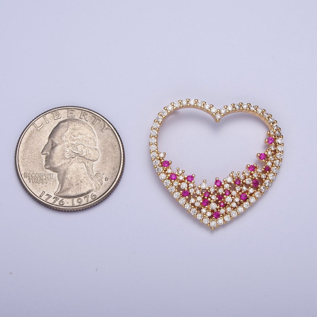 24K Gold Filled Fuchsia & Clear Micro Pave Heart Pendant For Jewelry Making X-440