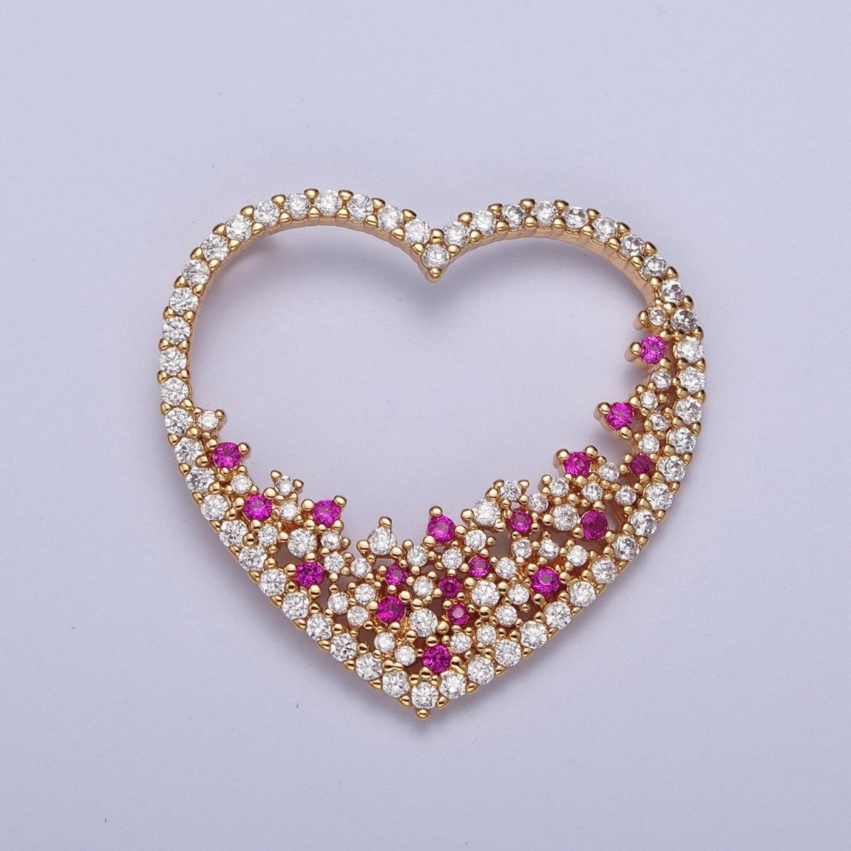 24K Gold Filled Fuchsia & Clear Micro Pave Heart Pendant For Jewelry Making X-440