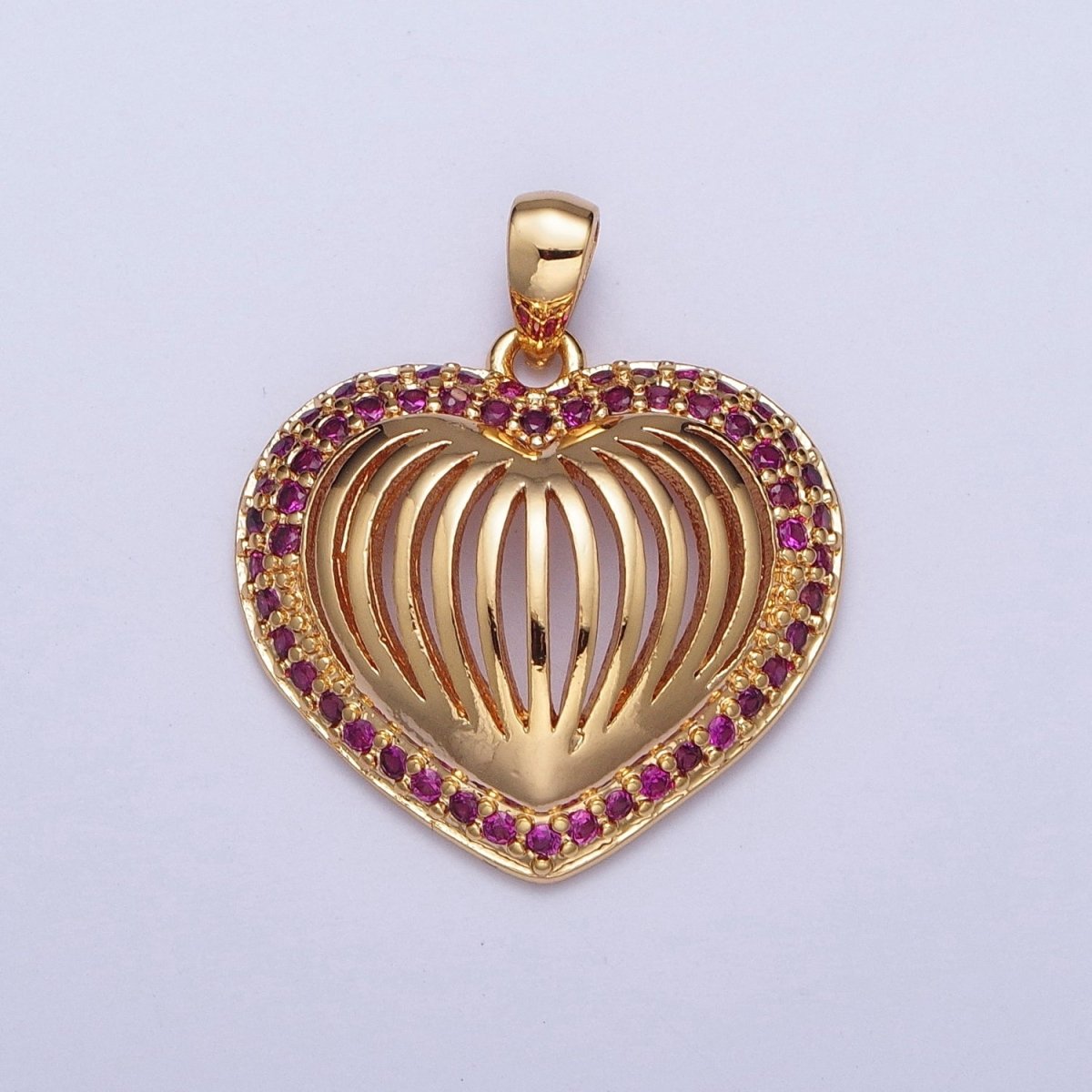 24K Gold Filled Fuchsia CZ Heart Pendant, Love Valentine Open Heart Charm For Jewelry Making X-435