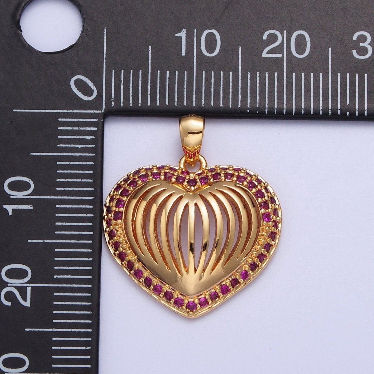 24K Gold Filled Fuchsia CZ Heart Pendant, Love Valentine Open Heart Charm For Jewelry Making X-435