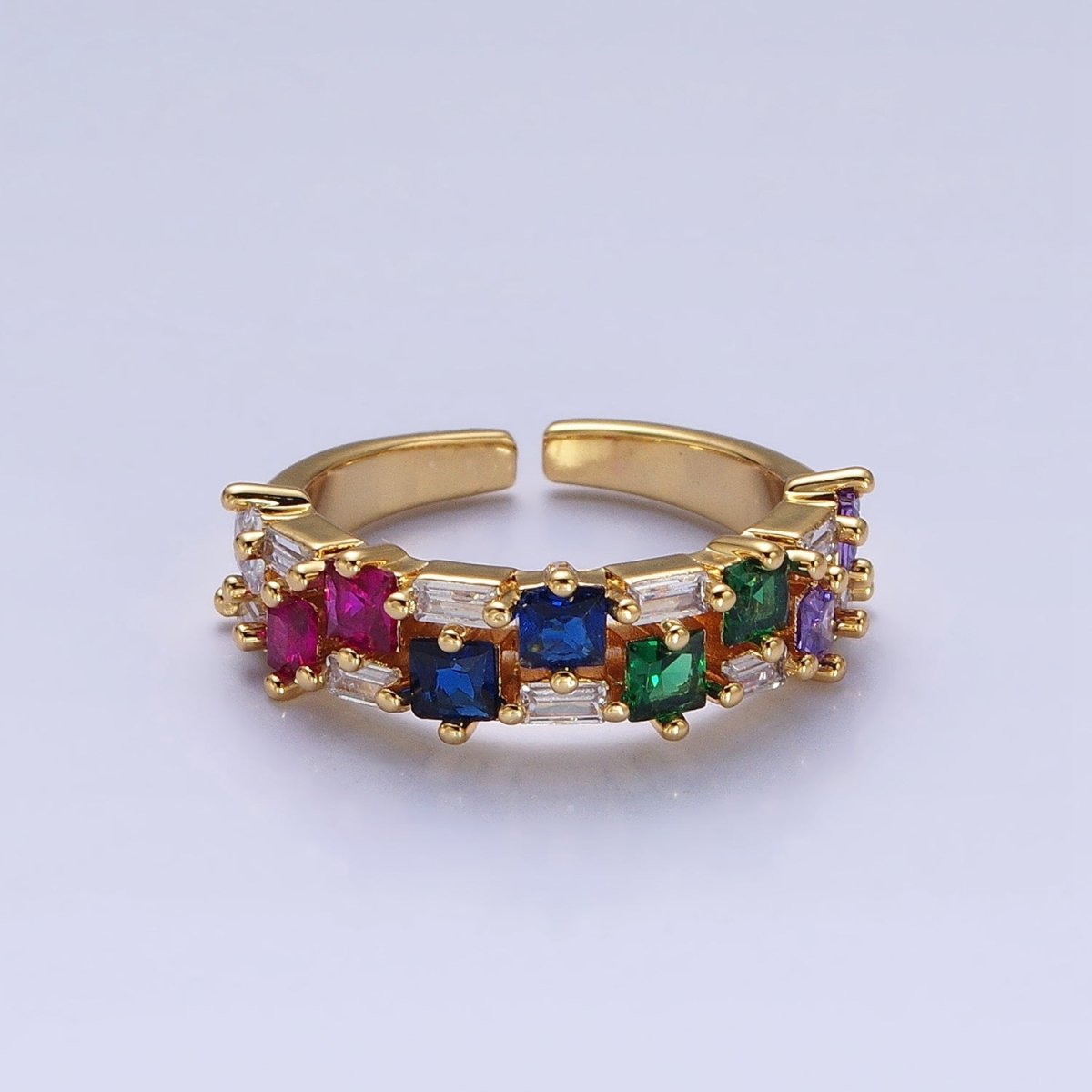 24K Gold Filled Fuchsia, Multicolor, Black, Purple, Blue, Pink, Green, Clear Baguette Square CZ Ring in Gold & Silver | O-1533~O-1548