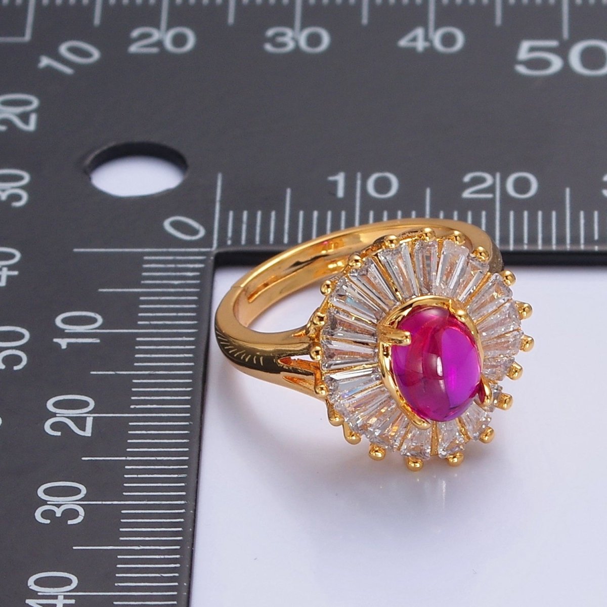 24K Gold Filled Fuchsia Pink Jade Ring, Round Baguette CZ Zirconia O-768