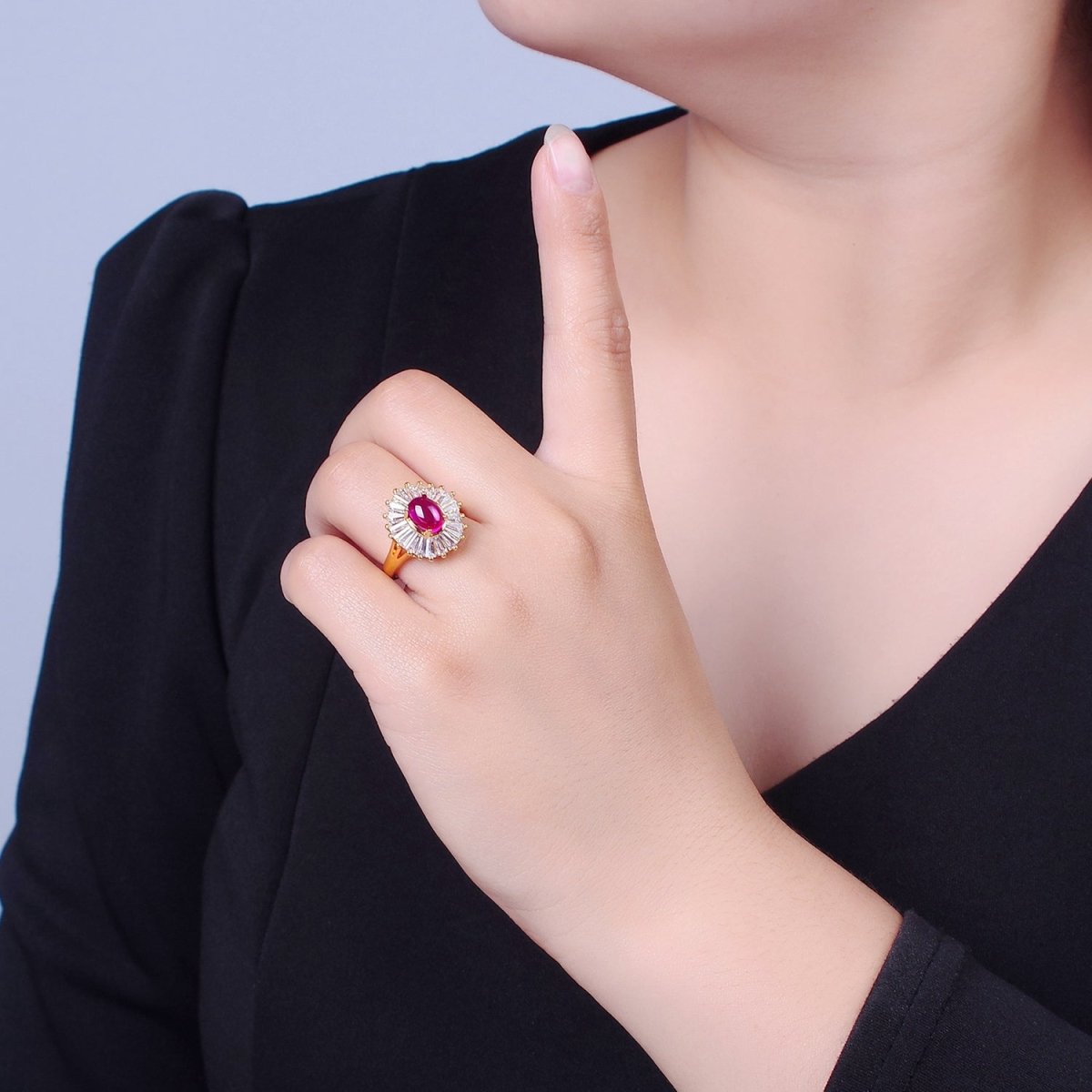 24K Gold Filled Fuchsia Pink Jade Ring, Round Baguette CZ Zirconia O-768