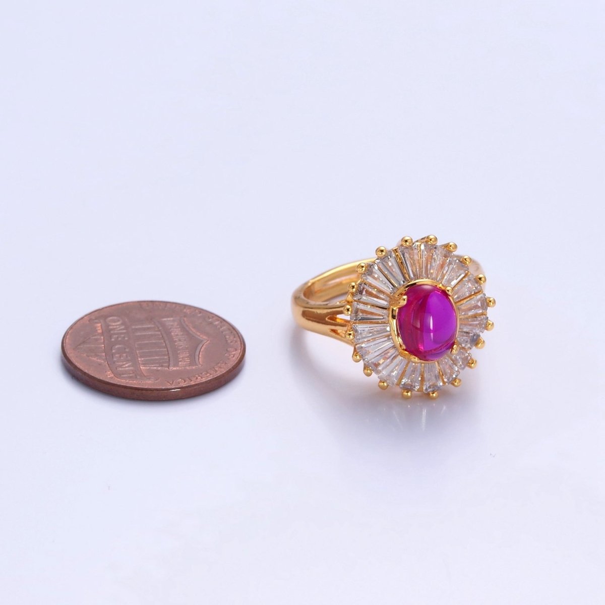 24K Gold Filled Fuchsia Pink Jade Ring, Round Baguette CZ Zirconia O-768