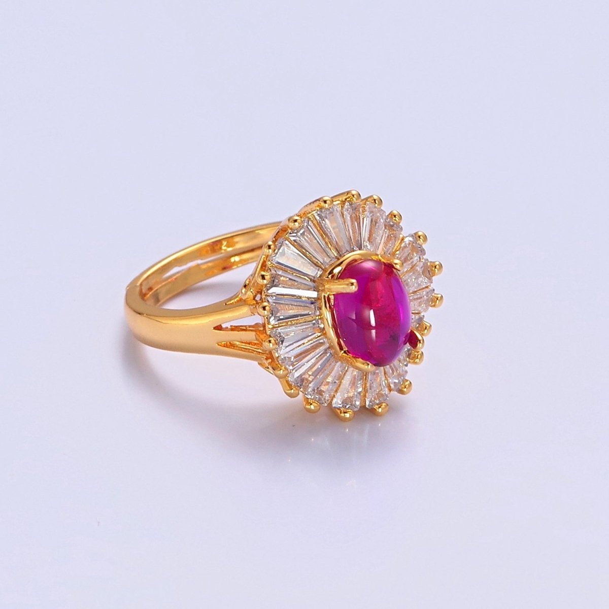 24K Gold Filled Fuchsia Pink Jade Ring, Round Baguette CZ Zirconia O-768