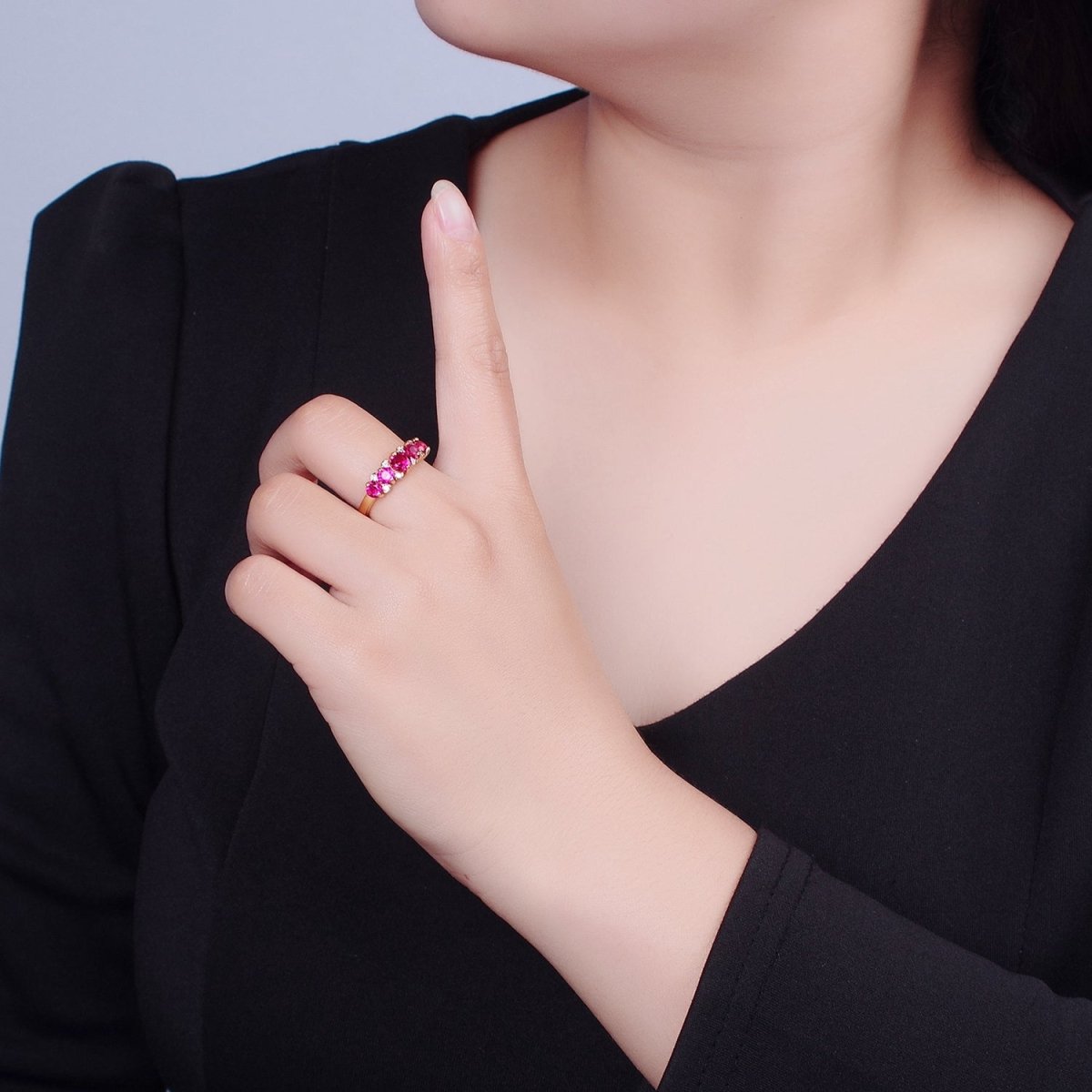 24K Gold Filled Fuchsia Pink Promise Ring, Round Cubic Zirconia CZ Ring O-2295