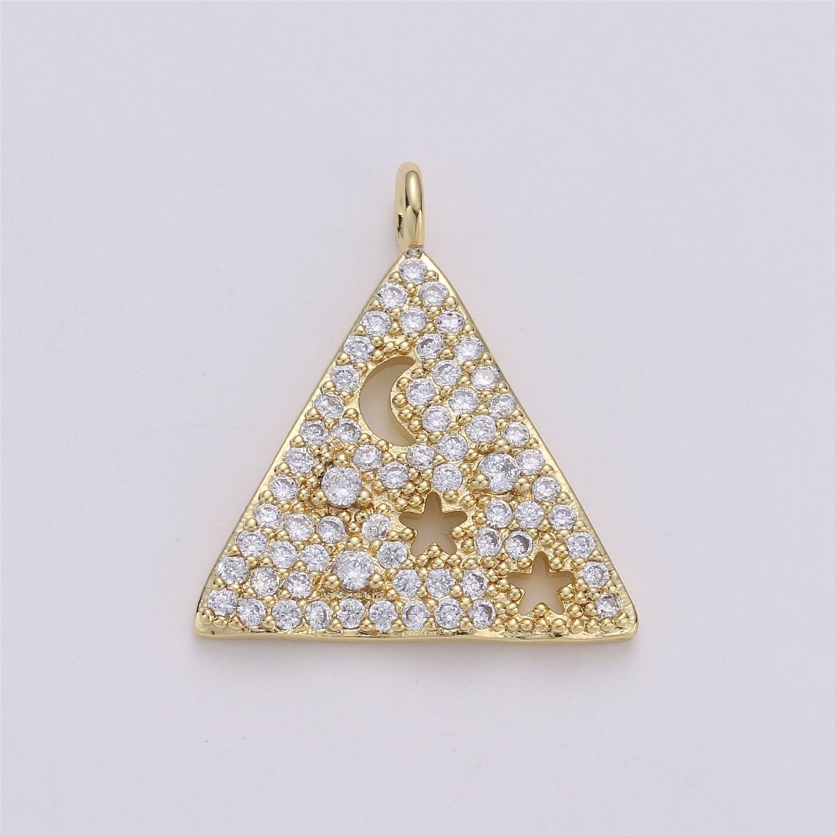 24K Gold Filled Geometric Dainty Triangle Charm with Micro Pave Moon and Star Cubic Zirconia CZ Stone for Necklace Bracelet Component, C-872