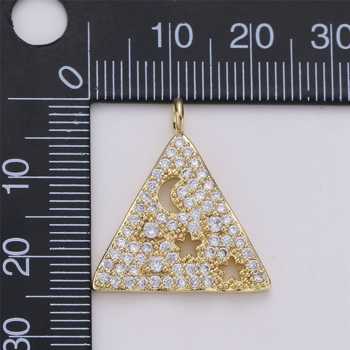 24K Gold Filled Geometric Dainty Triangle Charm with Micro Pave Moon and Star Cubic Zirconia CZ Stone for Necklace Bracelet Component, C-872