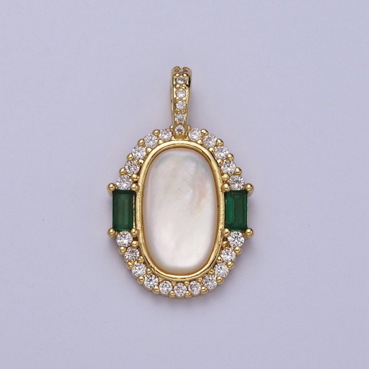 24K Gold Filled Glossy Shell Pearl Green Baguette Micro Paved CZ Pendant H-396