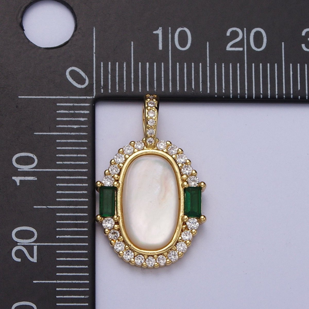 24K Gold Filled Glossy Shell Pearl Green Baguette Micro Paved CZ Pendant H-396