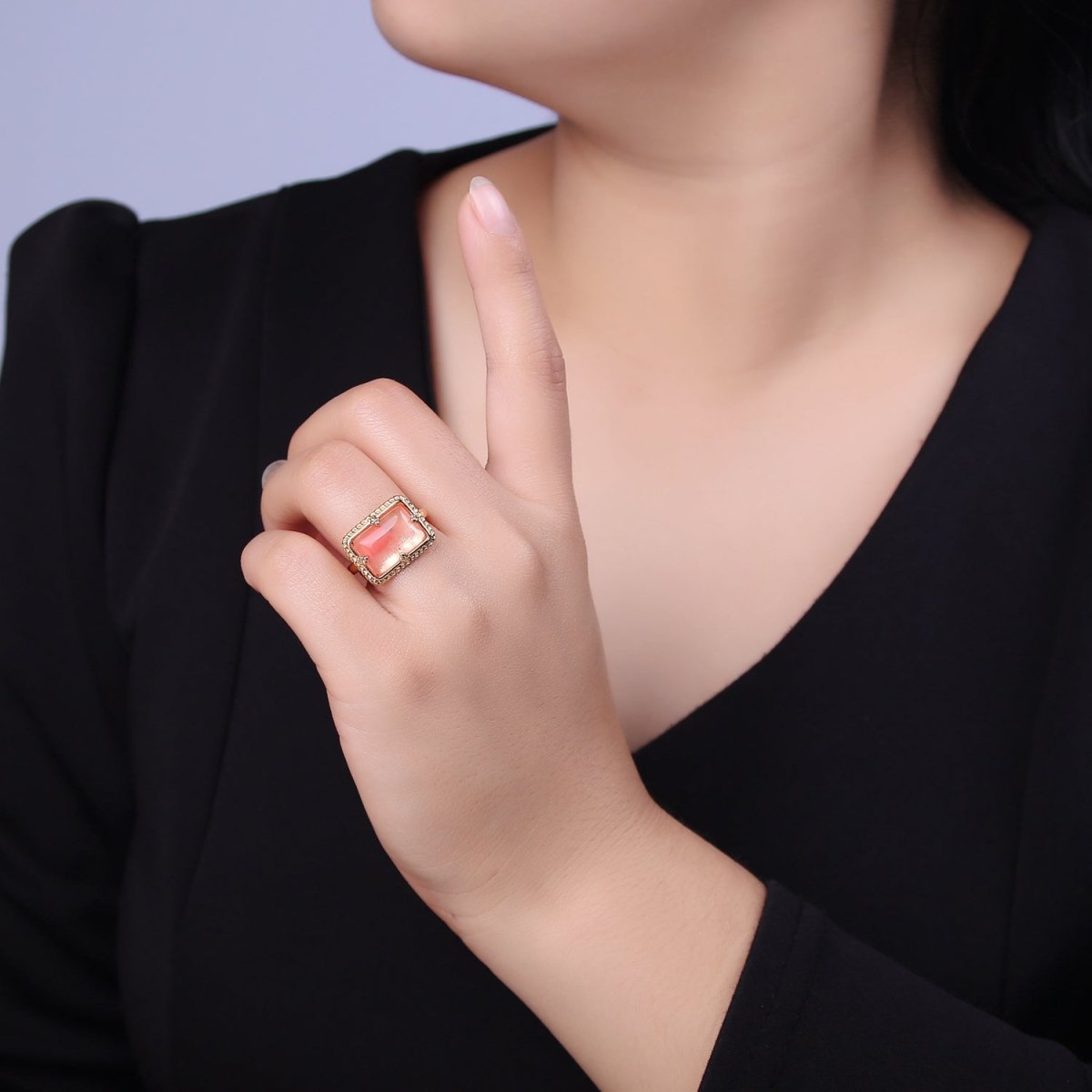 24K Gold Filled Gold Watermelon Pink Rectangular Gemstone Ring, Chunky Statement Ring | U-453