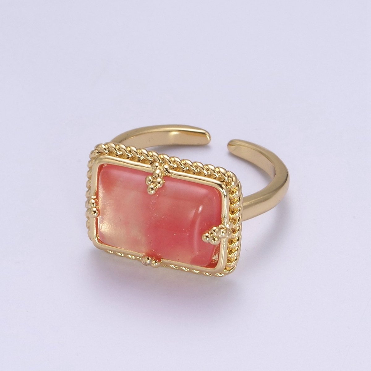 24K Gold Filled Gold Watermelon Pink Rectangular Gemstone Ring, Chunky Statement Ring | U-453