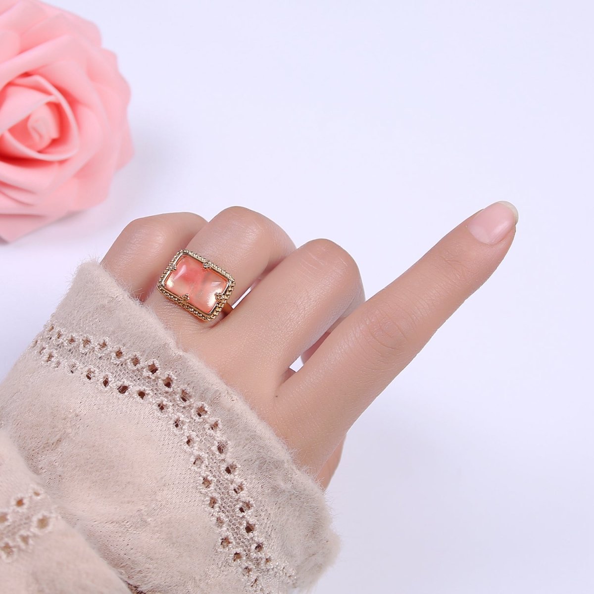 24K Gold Filled Gold Watermelon Pink Rectangular Gemstone Ring, Chunky Statement Ring | U-453