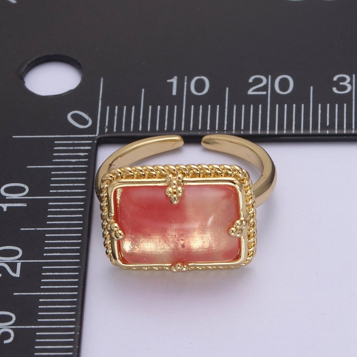 24K Gold Filled Gold Watermelon Pink Rectangular Gemstone Ring, Chunky Statement Ring | U-453
