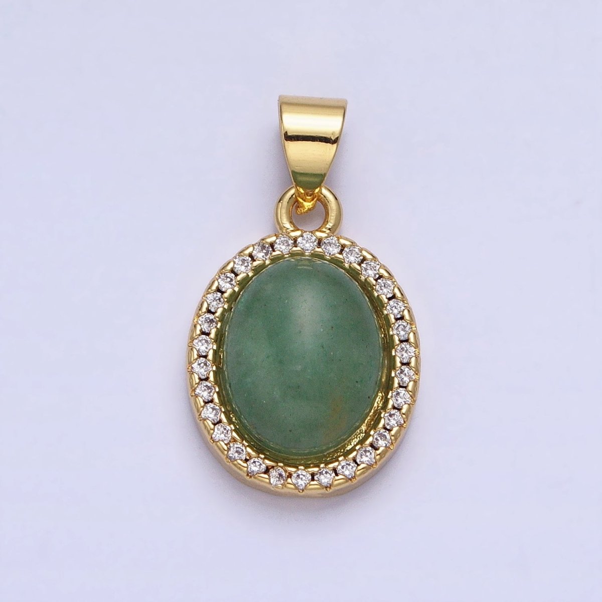 24K Gold Filled Green Aventurine Natural Gemstone Micro Paved CZ Oval Pendant | AA180