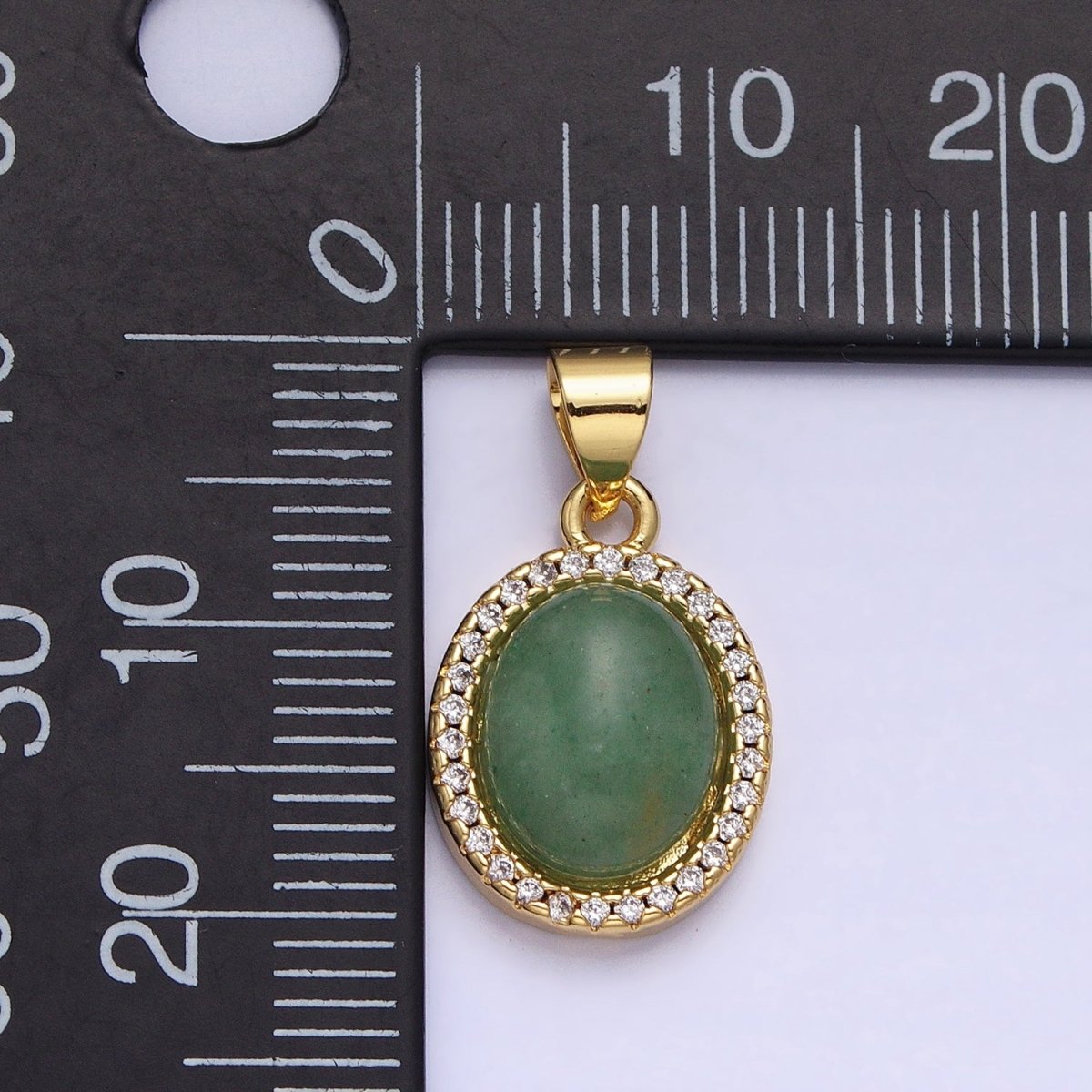 24K Gold Filled Green Aventurine Natural Gemstone Micro Paved CZ Oval Pendant | AA180