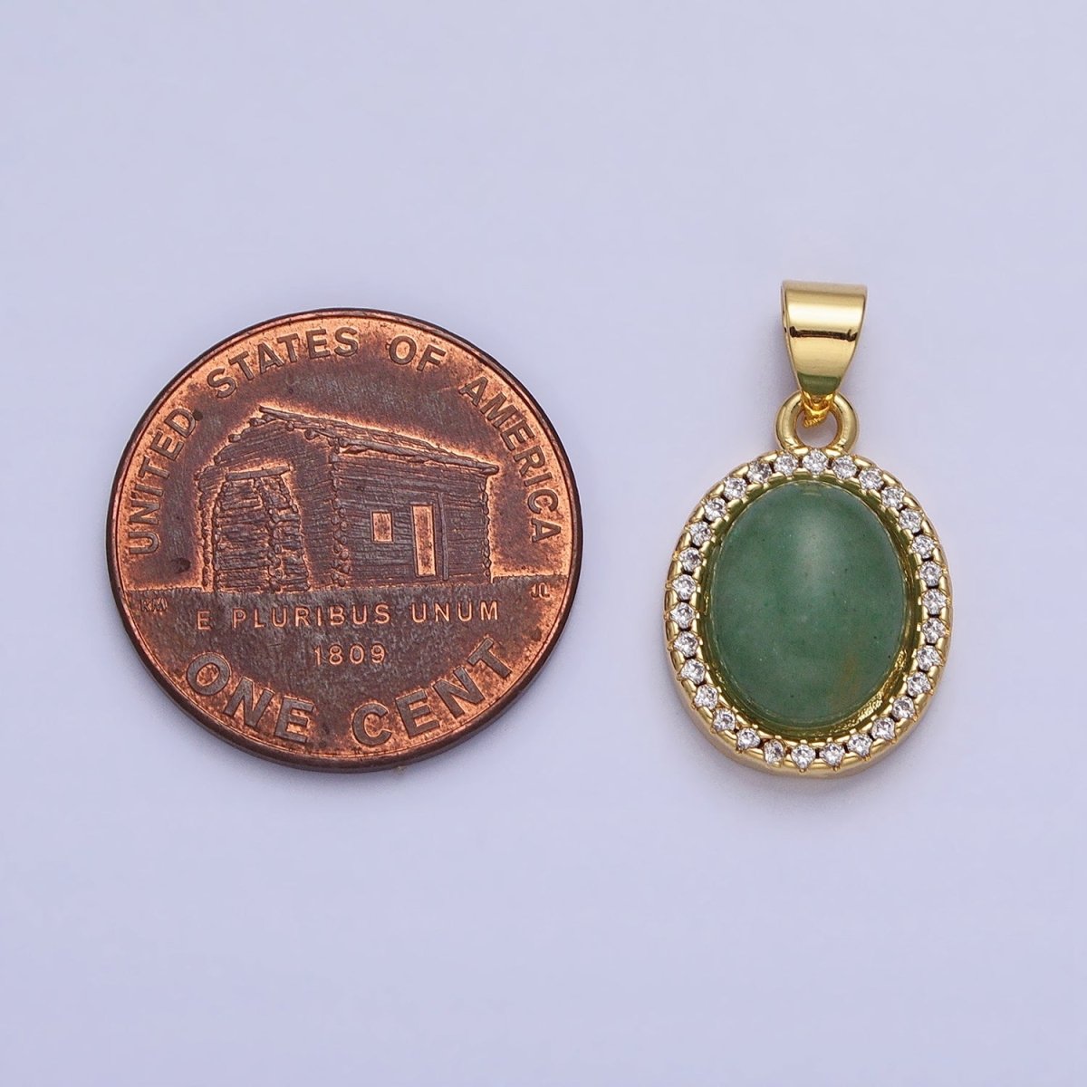 24K Gold Filled Green Aventurine Natural Gemstone Micro Paved CZ Oval Pendant | AA180