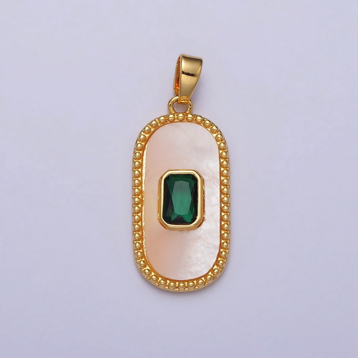 24K Gold Filled Green Baguette CZ Shell Pearl Oblong Beaded Pendant | AA111