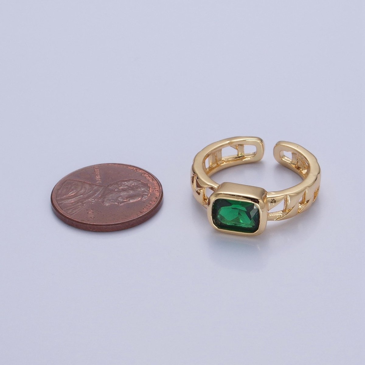 24K Gold Filled Green Baguette CZ with Chain Link Band O-2211