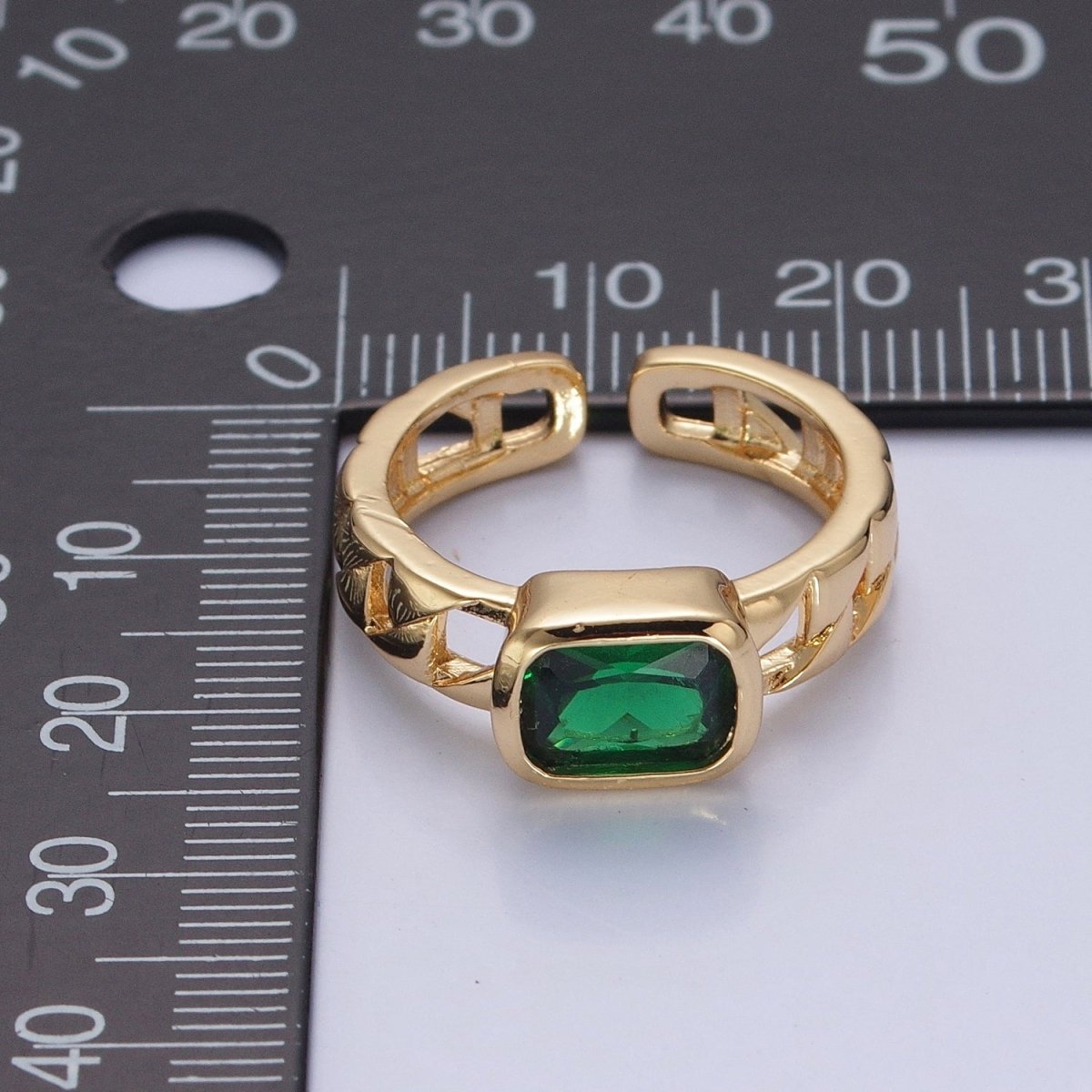 24K Gold Filled Green Baguette CZ with Chain Link Band O-2211