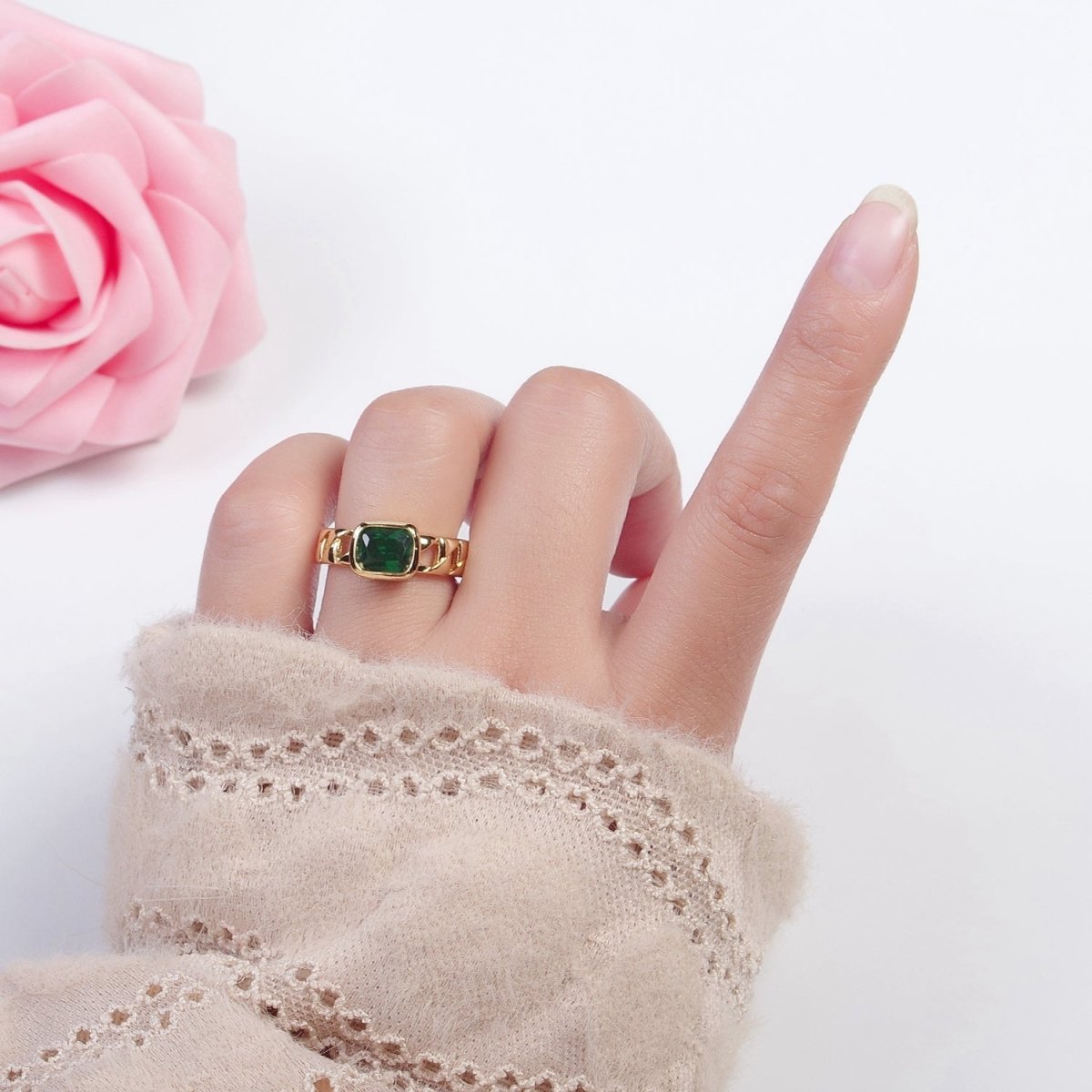 24K Gold Filled Green Baguette CZ with Chain Link Band O-2211