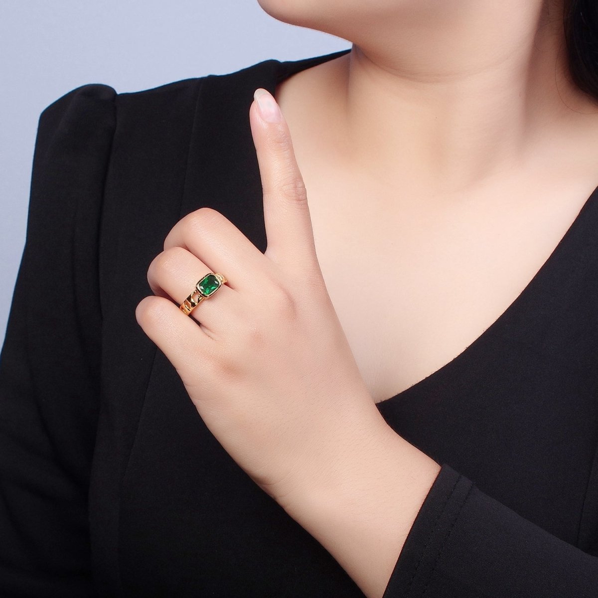 24K Gold Filled Green Baguette CZ with Chain Link Band O-2211